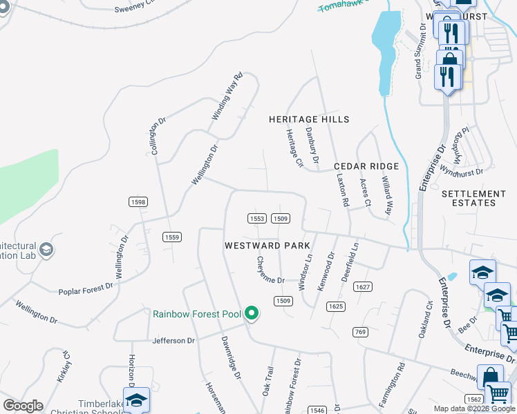 map of restaurants, bars, coffee shops, grocery stores, and more near 369 Cheyenne Drive in Lynchburg