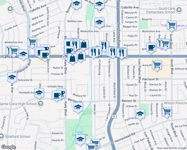 map of restaurants, bars, coffee shops, grocery stores, and more near 1339 White Drive in Santa Clara
