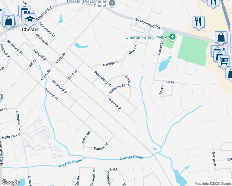 map of restaurants, bars, coffee shops, grocery stores, and more near 12608 Petersburg Street in Chester