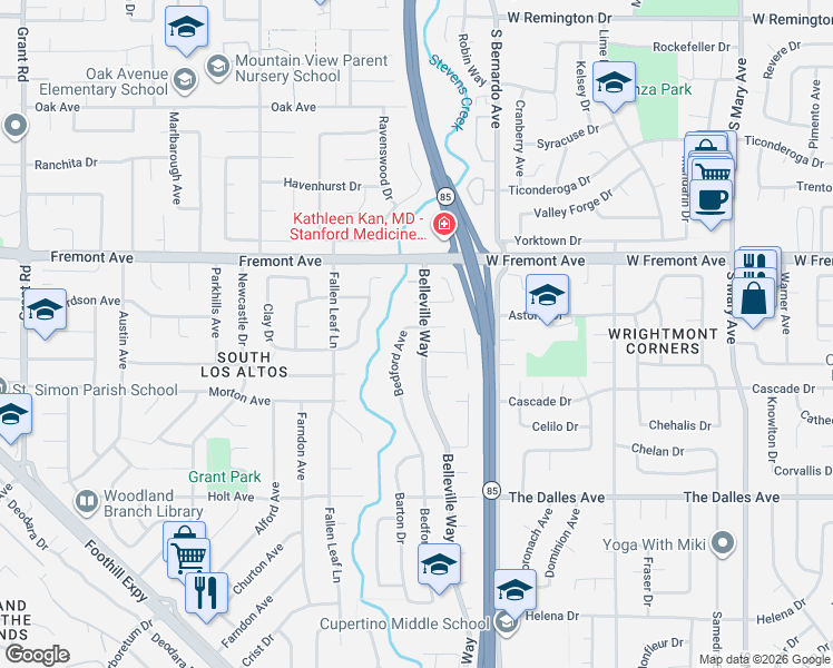 map of restaurants, bars, coffee shops, grocery stores, and more near 1307 Belleville Way in Sunnyvale