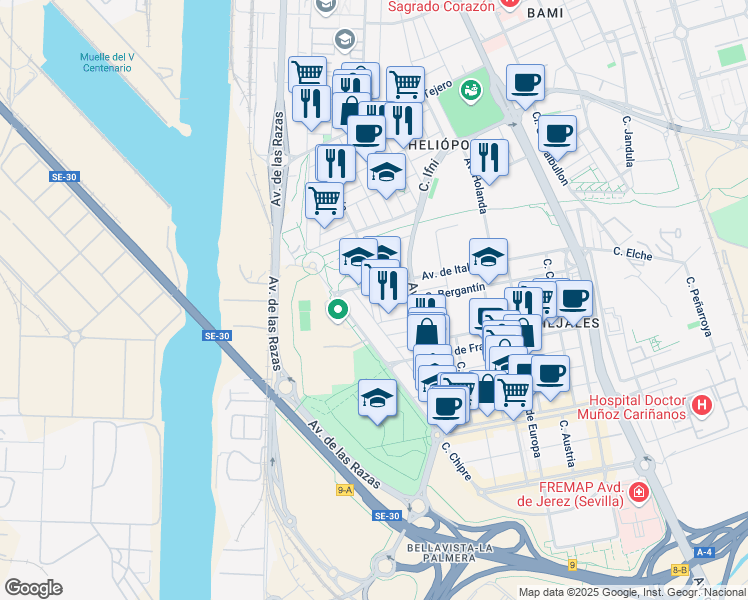map of restaurants, bars, coffee shops, grocery stores, and more near 6 Calle Londres in Sevilla