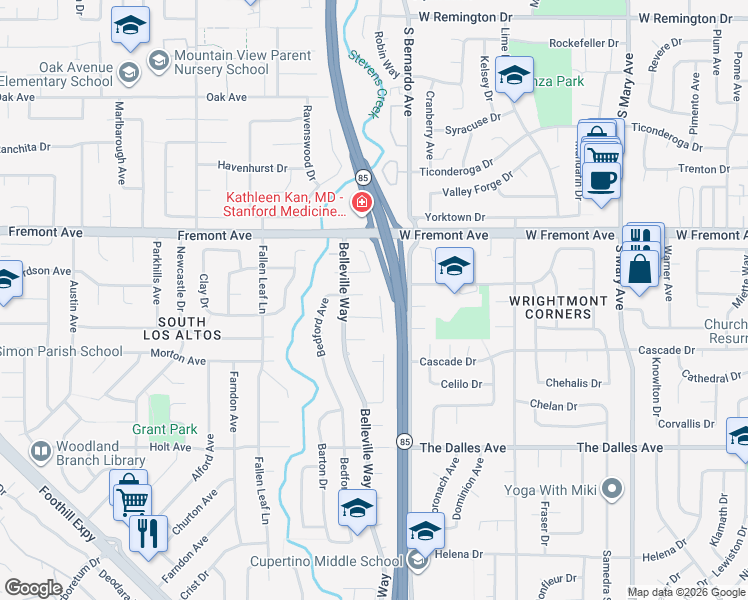 map of restaurants, bars, coffee shops, grocery stores, and more near 1281 Brookings Lane in Sunnyvale