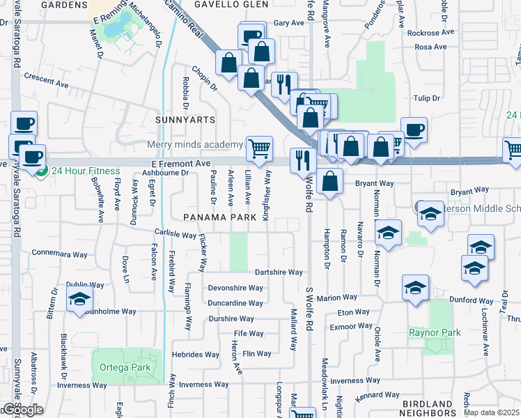 map of restaurants, bars, coffee shops, grocery stores, and more near 1345 Kingfisher Way in Sunnyvale
