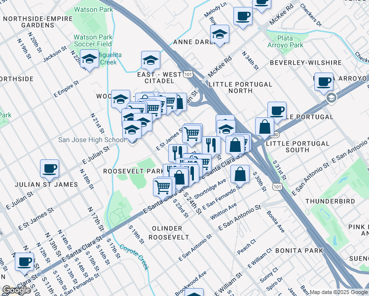 map of restaurants, bars, coffee shops, grocery stores, and more near 124 North 26th Street in San Jose