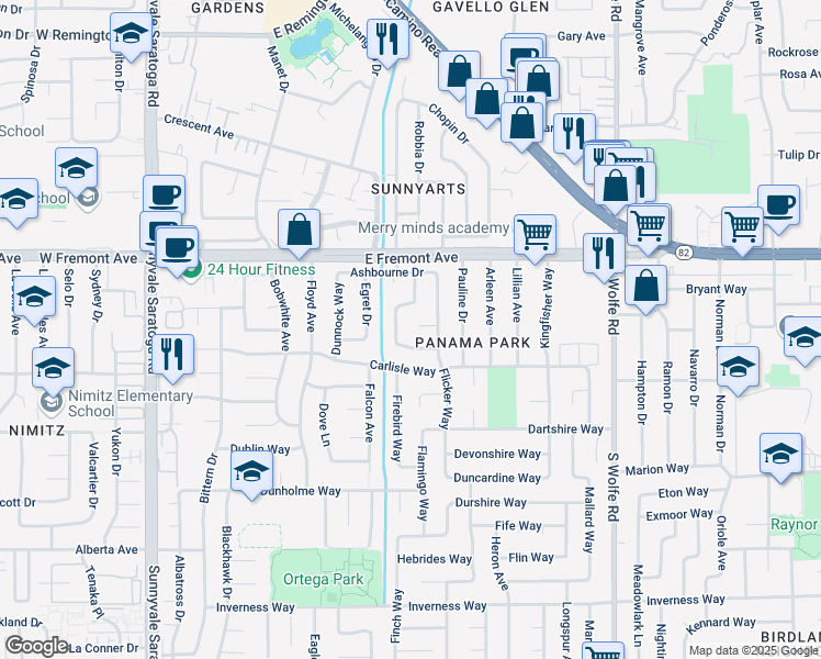 map of restaurants, bars, coffee shops, grocery stores, and more near 723 Bantry Court in Sunnyvale