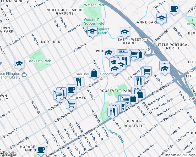 map of restaurants, bars, coffee shops, grocery stores, and more near 955 East Julian Street in San Jose