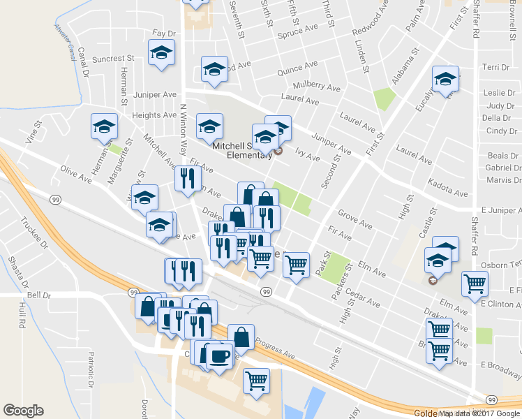 map of restaurants, bars, coffee shops, grocery stores, and more near 1361 Elm Avenue in Atwater