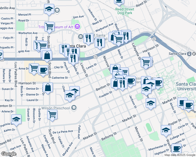 map of restaurants, bars, coffee shops, grocery stores, and more near 1211 Jefferson Street in Santa Clara
