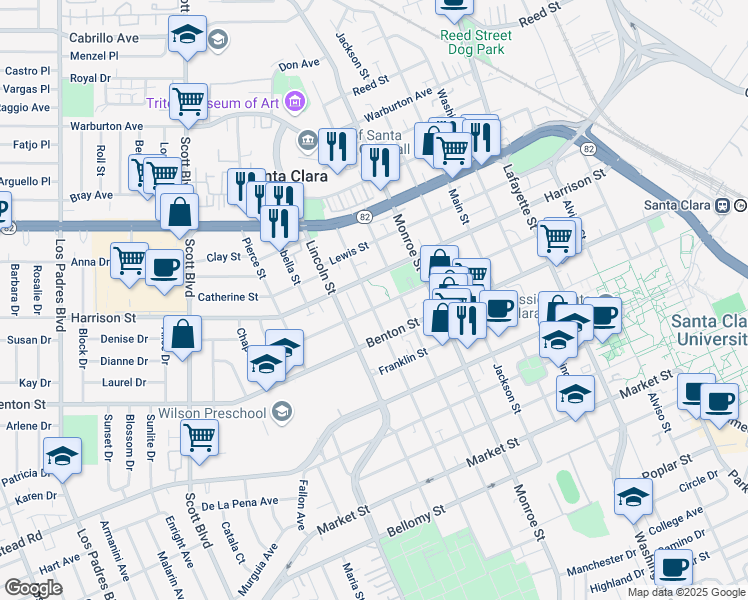 map of restaurants, bars, coffee shops, grocery stores, and more near 1211 Jefferson Street in Santa Clara