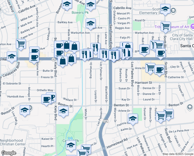map of restaurants, bars, coffee shops, grocery stores, and more near 1357 Loyola Drive in Santa Clara