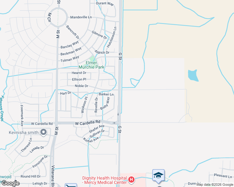 map of restaurants, bars, coffee shops, grocery stores, and more near 4396 Strathmore Place in Merced