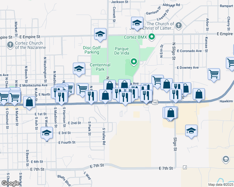 map of restaurants, bars, coffee shops, grocery stores, and more near 1104 East Main Street in Cortez