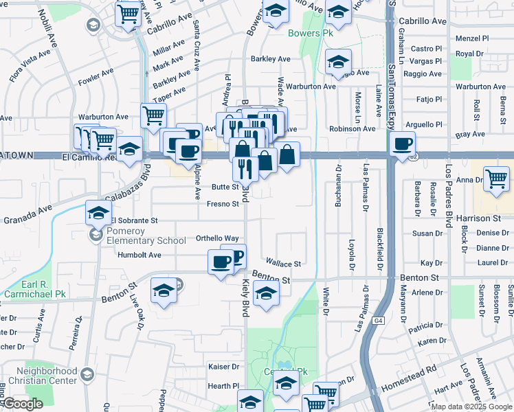 map of restaurants, bars, coffee shops, grocery stores, and more near 1334 Crowley Avenue in Santa Clara