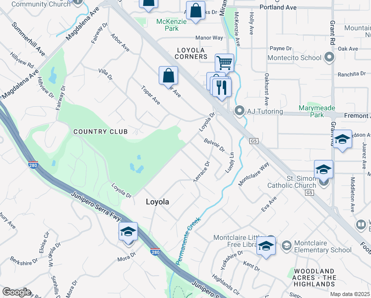 map of restaurants, bars, coffee shops, grocery stores, and more near 1031 Crestview Drive in Los Altos