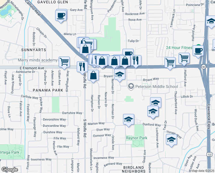 map of restaurants, bars, coffee shops, grocery stores, and more near 1351 Navarro Drive in Sunnyvale