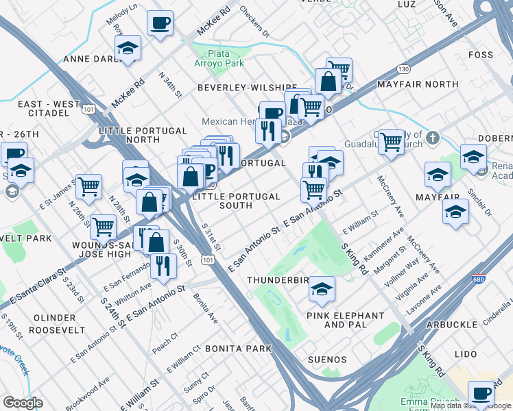 map of restaurants, bars, coffee shops, grocery stores, and more near 1625 East San Fernando Street in San Jose