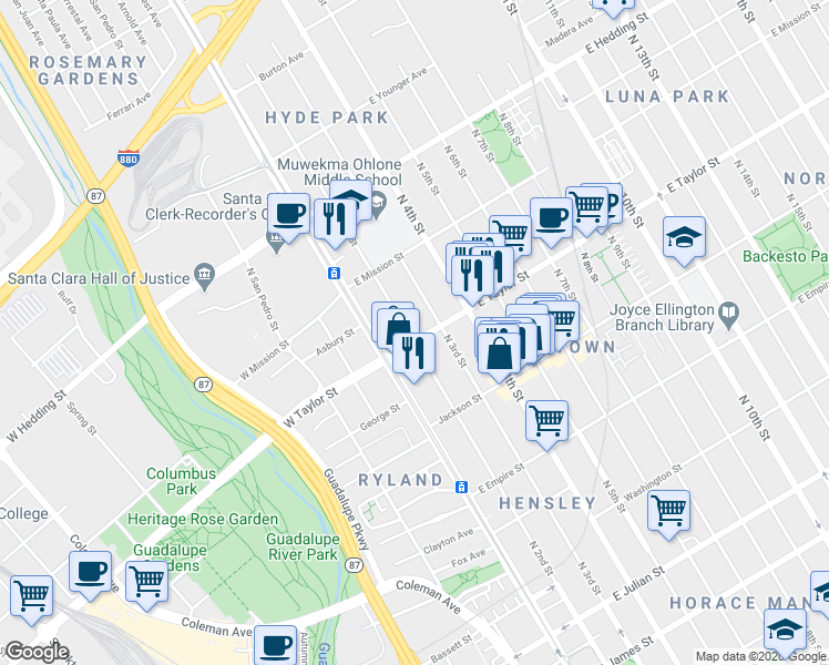 map of restaurants, bars, coffee shops, grocery stores, and more near 65 East Taylor Street in San Jose