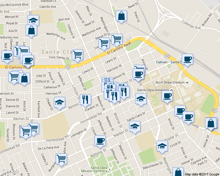 map of restaurants, bars, coffee shops, grocery stores, and more near 1157 Monroe Street in Santa Clara