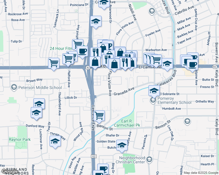 map of restaurants, bars, coffee shops, grocery stores, and more near 3680 Flora Vista Avenue in Santa Clara