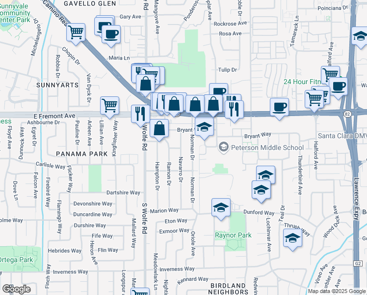 map of restaurants, bars, coffee shops, grocery stores, and more near 1351 Navarro Drive in Sunnyvale