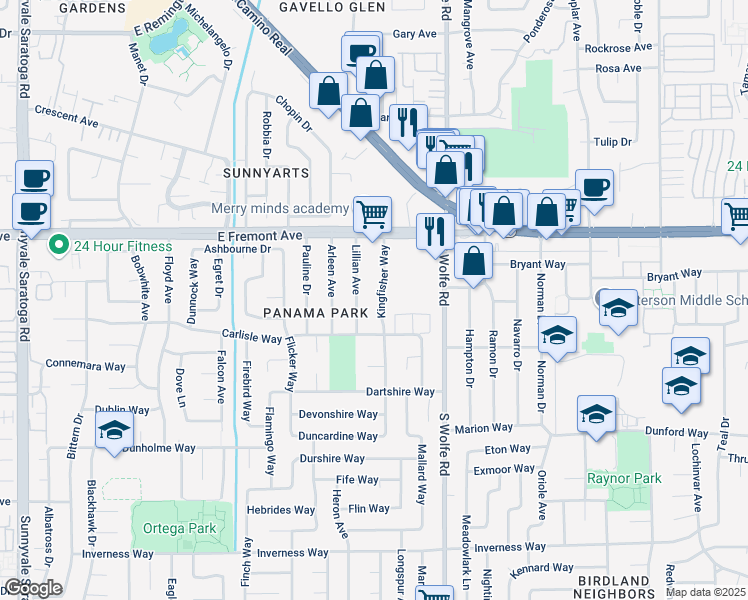 map of restaurants, bars, coffee shops, grocery stores, and more near 1345 Kingfisher Way in Sunnyvale