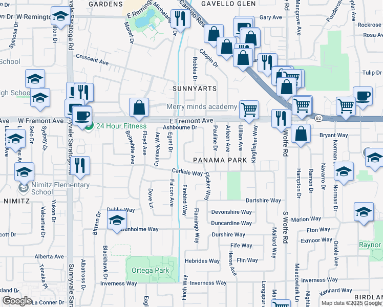 map of restaurants, bars, coffee shops, grocery stores, and more near 723 Bantry Court in Sunnyvale