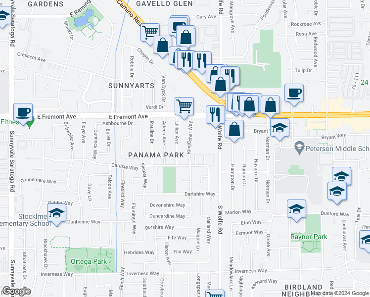 map of restaurants, bars, coffee shops, grocery stores, and more near 1345 Kingfisher Way in Sunnyvale