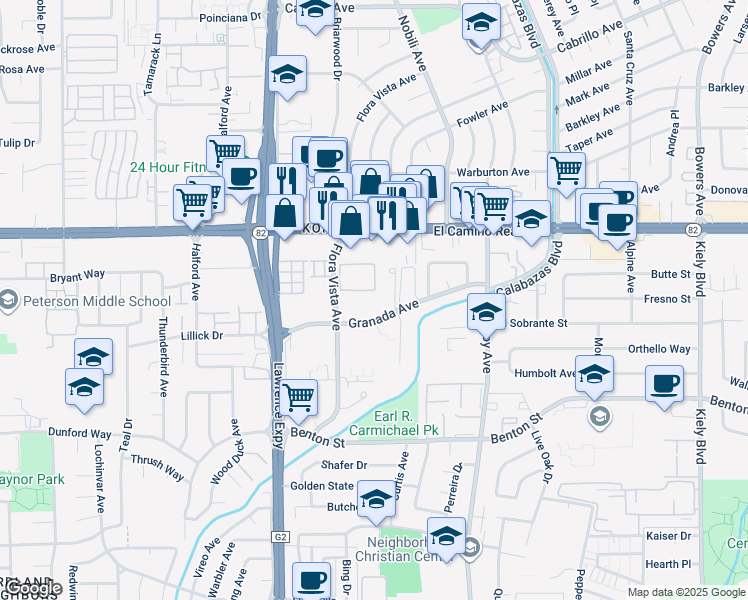 map of restaurants, bars, coffee shops, grocery stores, and more near 3610 Flora Vista Avenue in Santa Clara