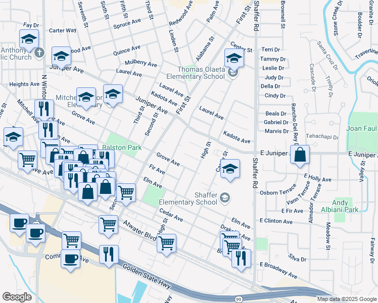 map of restaurants, bars, coffee shops, grocery stores, and more near 737 Hemlock Ave in Atwater