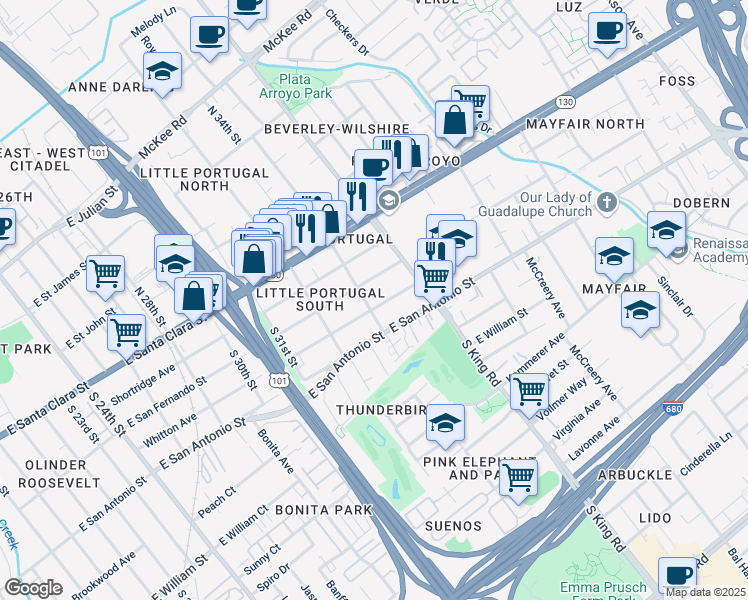 map of restaurants, bars, coffee shops, grocery stores, and more near 1653 Whitton Avenue in San Jose