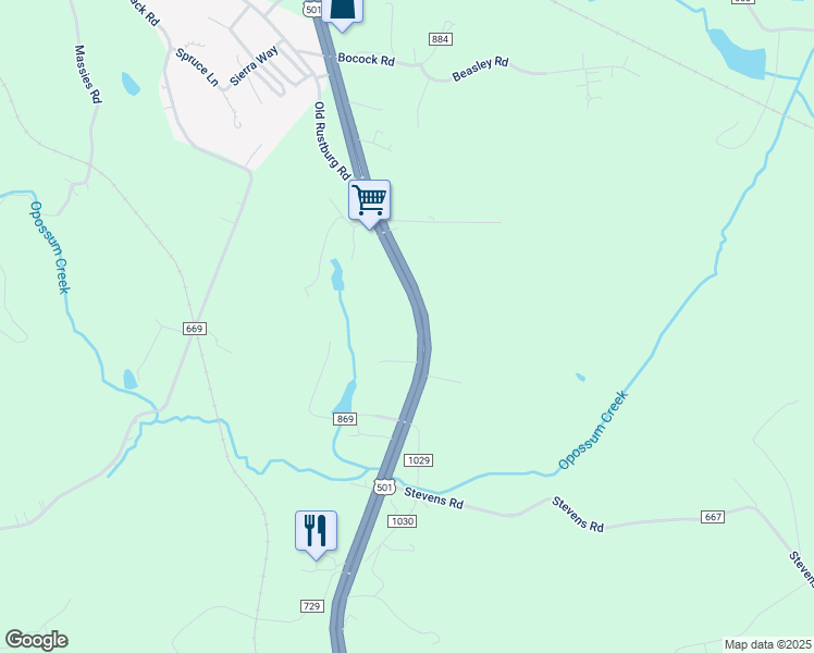 map of restaurants, bars, coffee shops, grocery stores, and more near 5412 Campbell Highway in Lynchburg