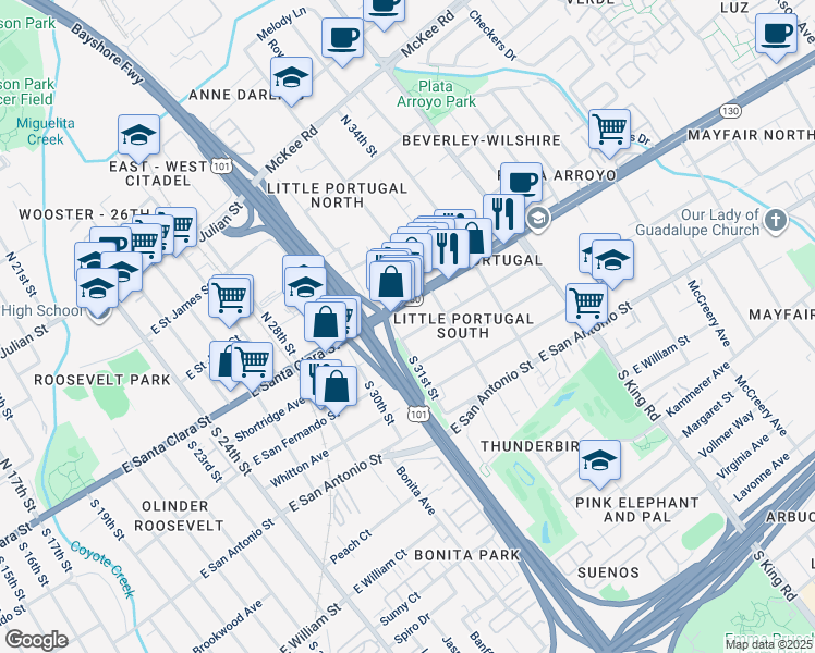 map of restaurants, bars, coffee shops, grocery stores, and more near 1515 Shortridge Avenue in San Jose
