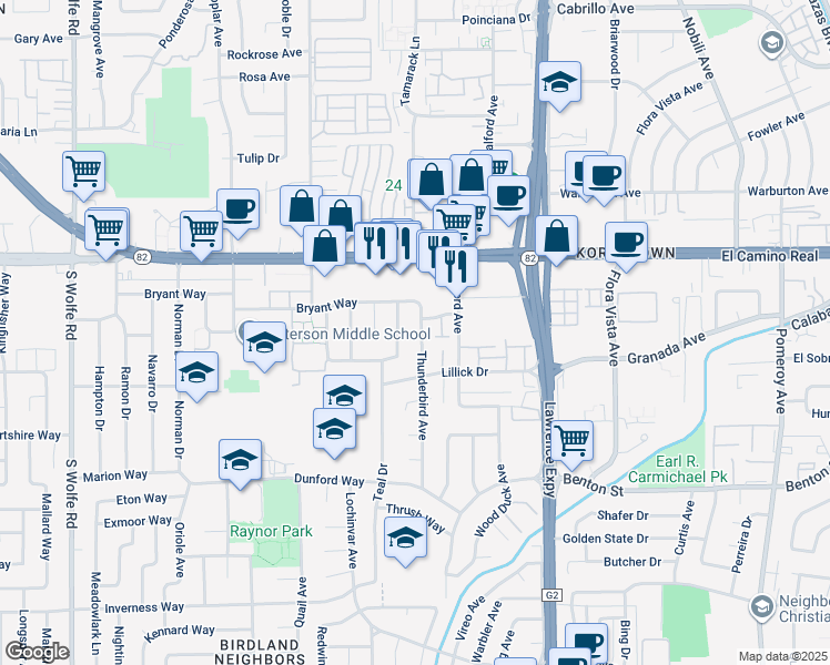 map of restaurants, bars, coffee shops, grocery stores, and more near 1359 Thunderbird Avenue in Sunnyvale