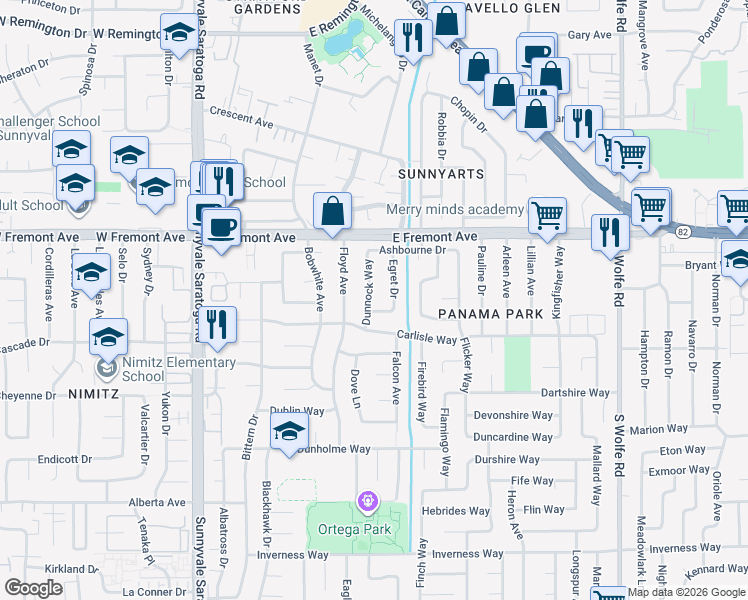 map of restaurants, bars, coffee shops, grocery stores, and more near 1350 Dunnock Way in Sunnyvale