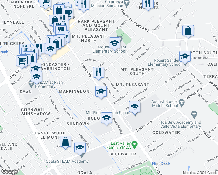 map of restaurants, bars, coffee shops, grocery stores, and more near 1502 Mount Herman Drive in San Jose