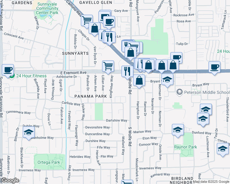 map of restaurants, bars, coffee shops, grocery stores, and more near 1362 Kingfisher Way in Sunnyvale