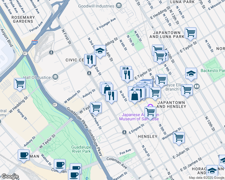 map of restaurants, bars, coffee shops, grocery stores, and more near 65 East Taylor Street in San Jose