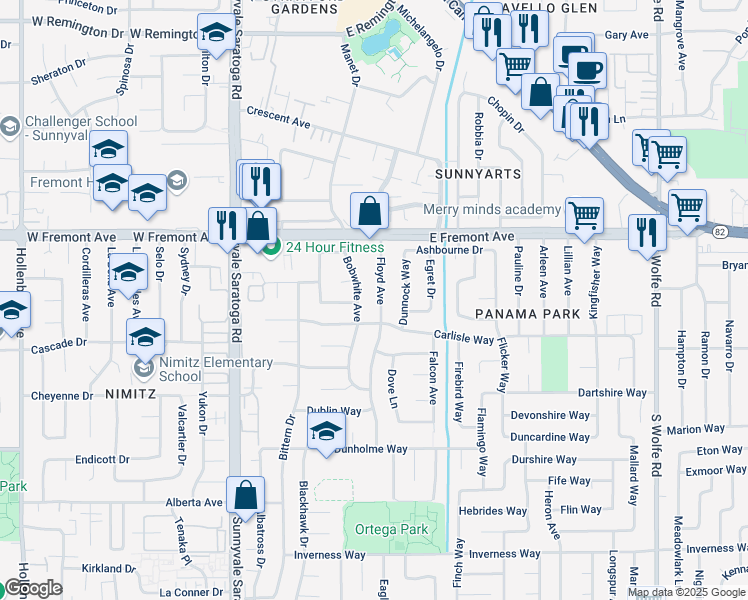 map of restaurants, bars, coffee shops, grocery stores, and more near 1375 Floyd Avenue in Sunnyvale