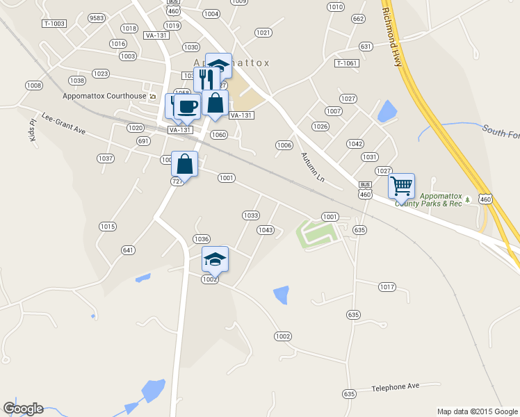 map of restaurants, bars, coffee shops, grocery stores, and more near 270 Lombardy Street in Appomattox