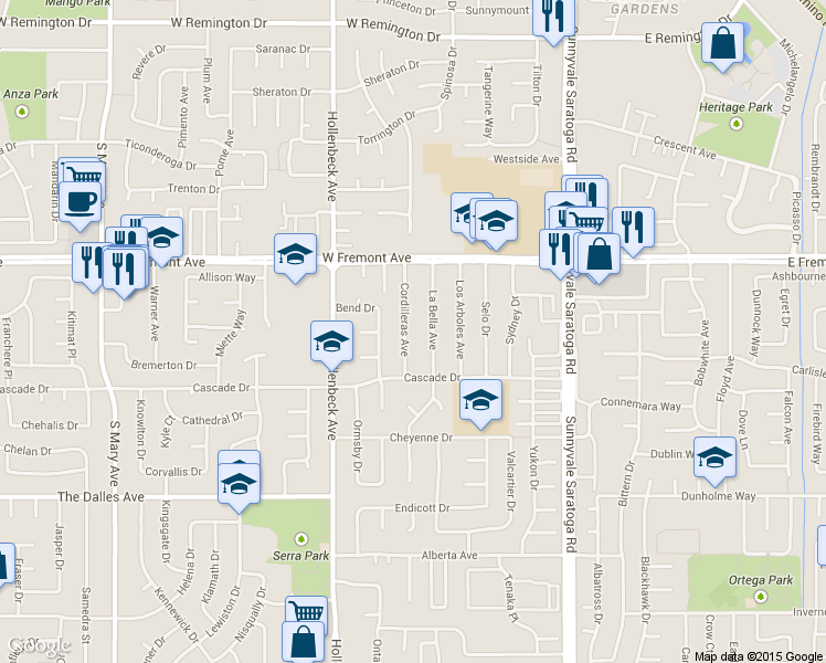 map of restaurants, bars, coffee shops, grocery stores, and more near 1360 Cordilleras Ave in Sunnyvale
