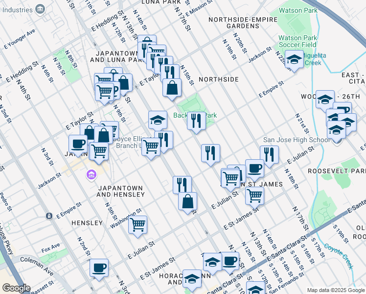 map of restaurants, bars, coffee shops, grocery stores, and more near 489 North 12th Street in San Jose