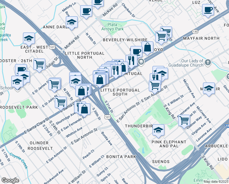 map of restaurants, bars, coffee shops, grocery stores, and more near 1580 Shortridge Ave in San Jose