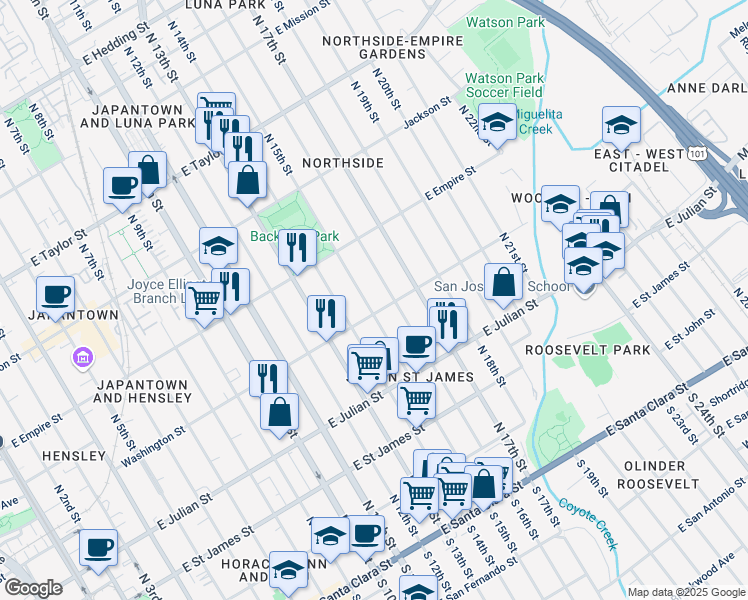 map of restaurants, bars, coffee shops, grocery stores, and more near 416 North 15th Street in San Jose