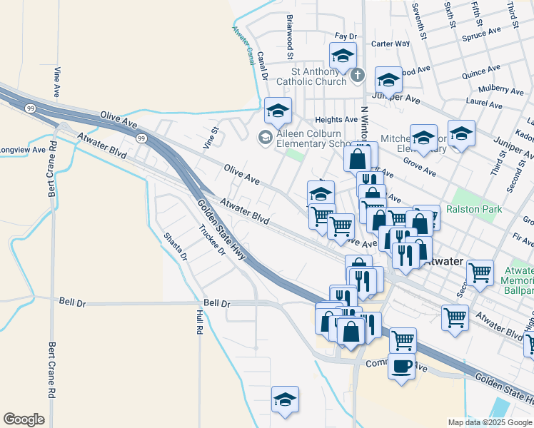 map of restaurants, bars, coffee shops, grocery stores, and more near 2145 Atwater Boulevard in Atwater