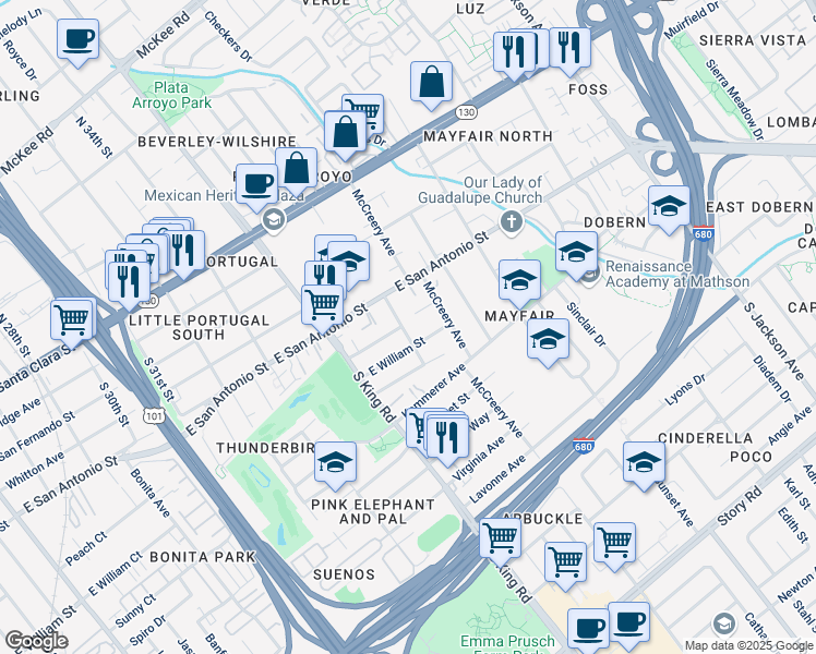 map of restaurants, bars, coffee shops, grocery stores, and more near 240 Lynette Way in San Jose