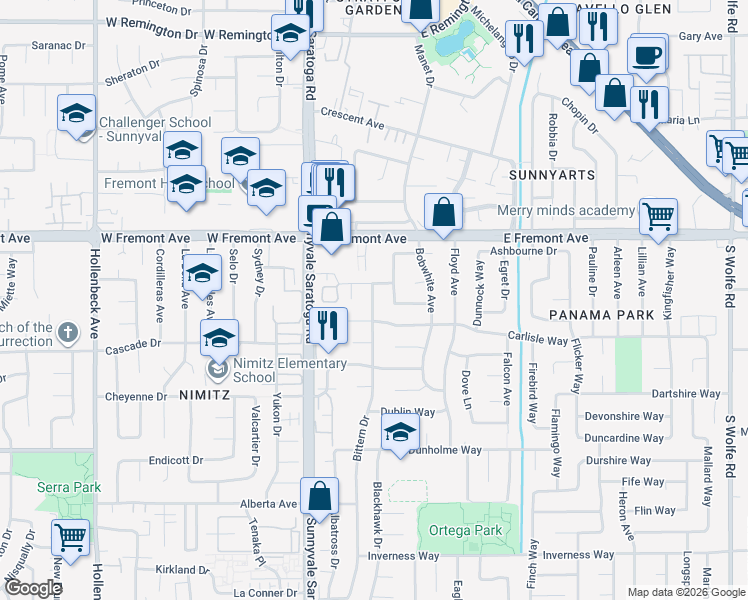 map of restaurants, bars, coffee shops, grocery stores, and more near 1376 Bittern Drive in Sunnyvale