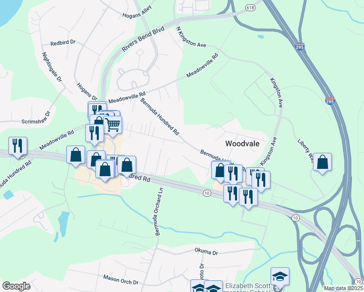 map of restaurants, bars, coffee shops, grocery stores, and more near 425 Bermuda Hundred Road in Chester