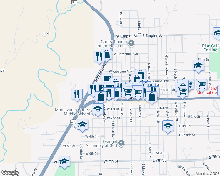 map of restaurants, bars, coffee shops, grocery stores, and more near 113 N Linden St in Cortez