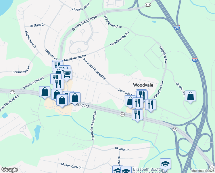 map of restaurants, bars, coffee shops, grocery stores, and more near 425 Bermuda Hundred Road in Chester