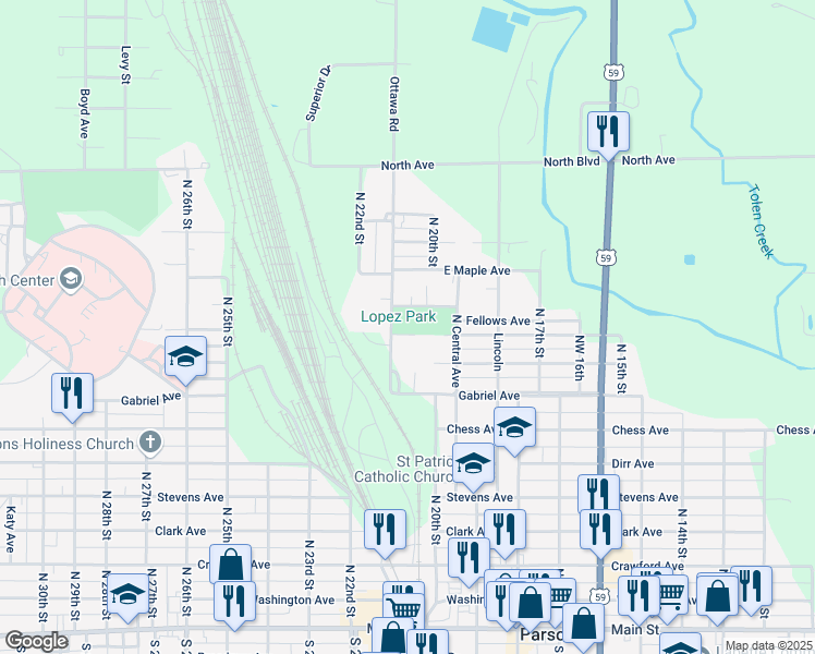 map of restaurants, bars, coffee shops, grocery stores, and more near 2001-2019 Felix Avenue in Parsons